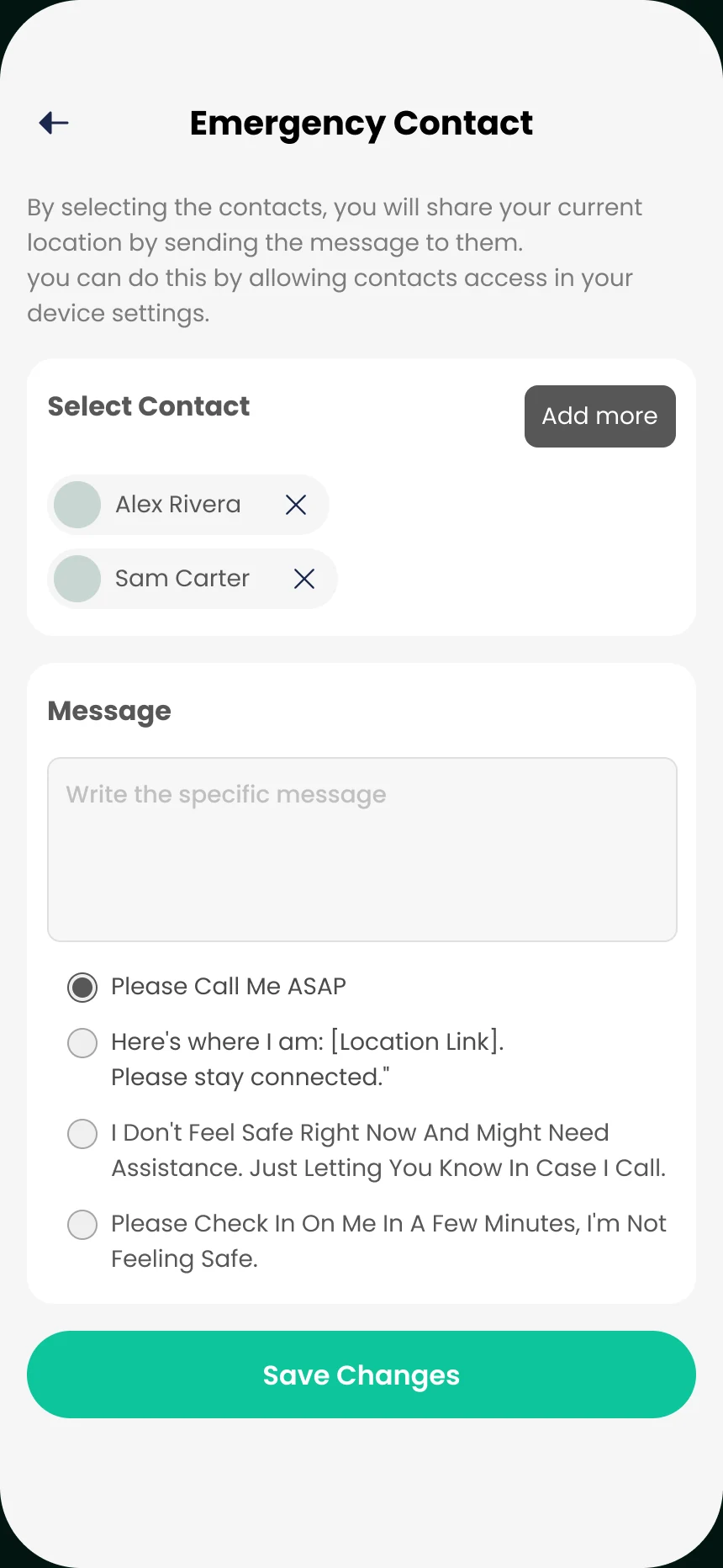 Emergency contact screen with selected contacts and a message to send