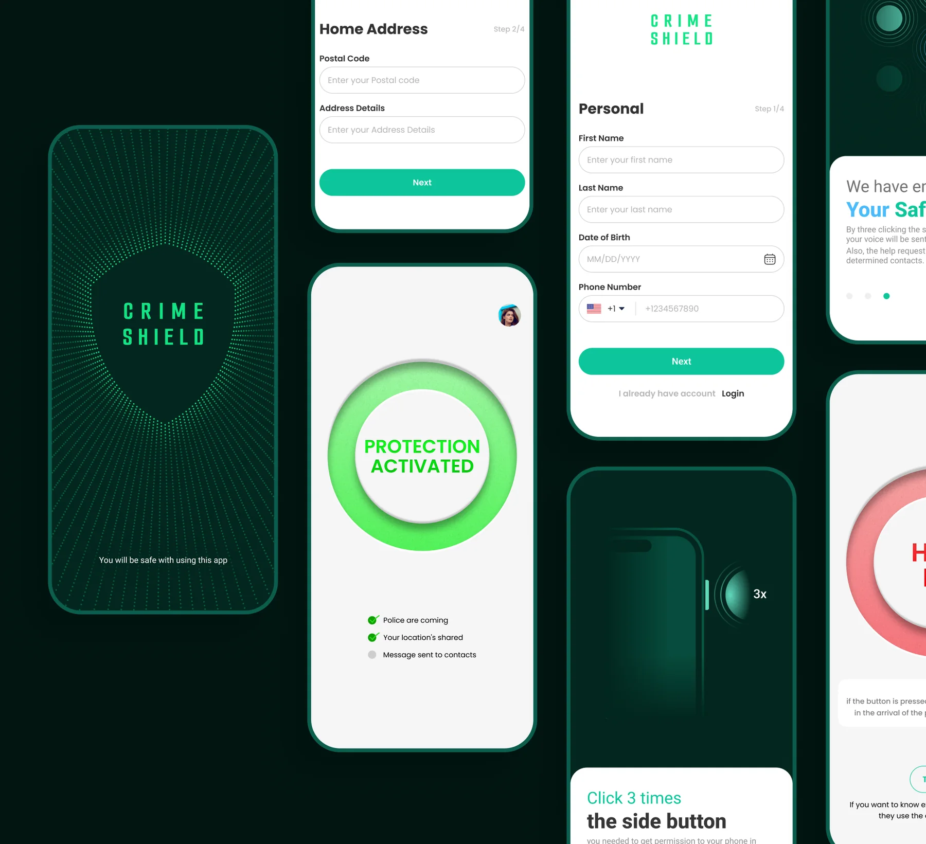 Crime Shield screens: splash, sign-up forms, the Protection Activated screen and onboarding