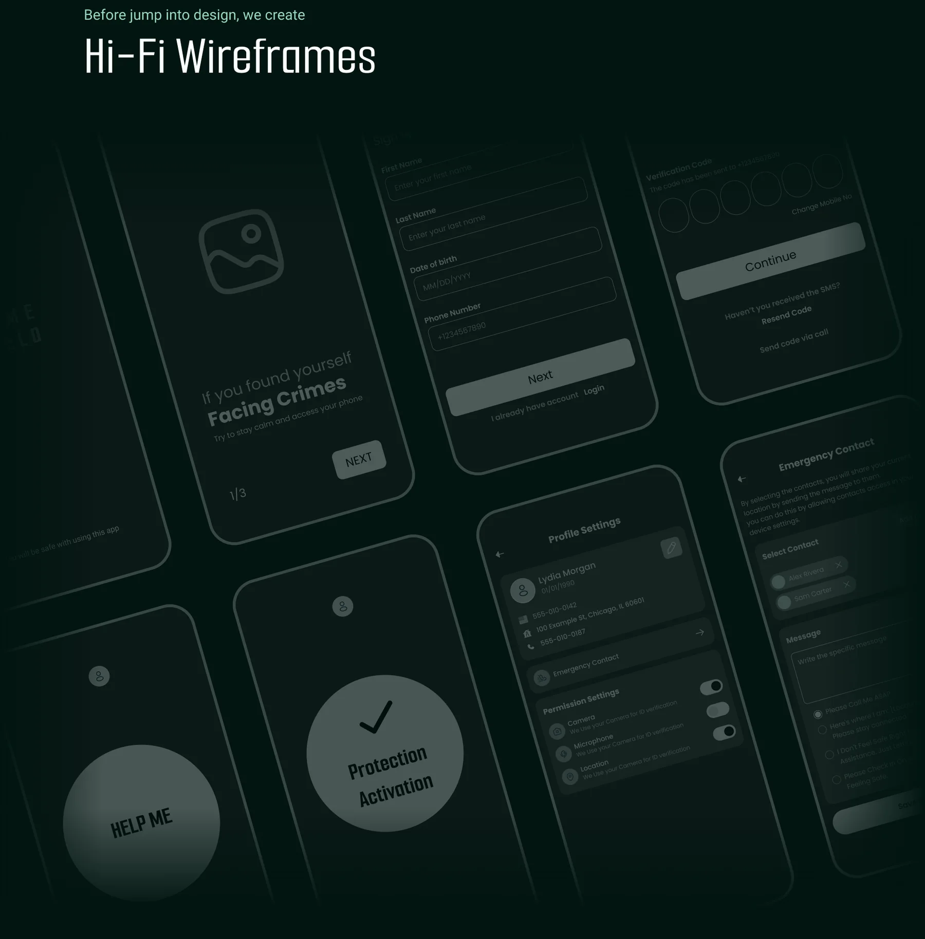 High-fidelity wireframes of the Crime Shield flow in a dark, tilted layout
