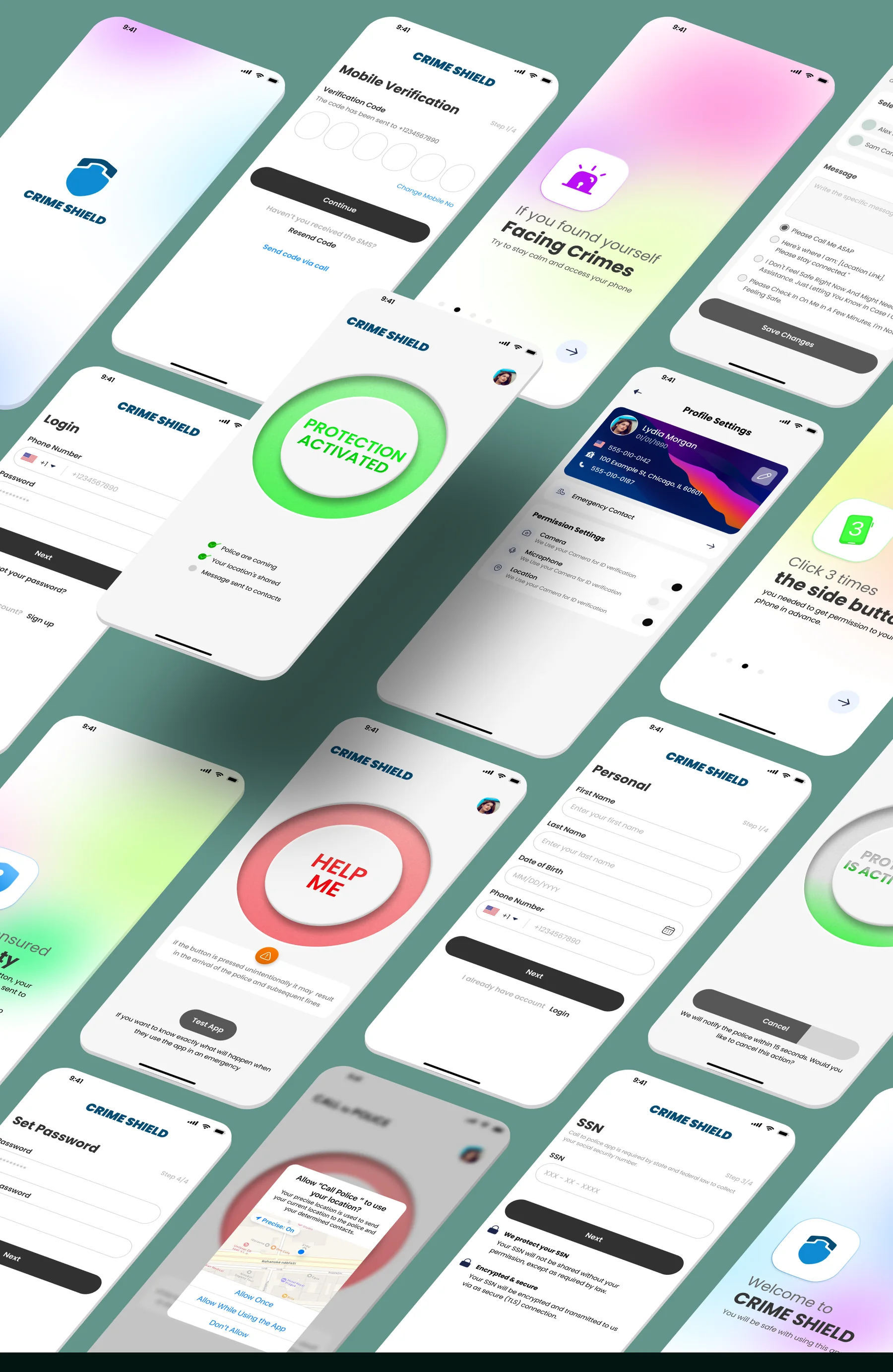 Low-fidelity prototype screens in a tilted collage: splash, mobile verification, Help Me, profile settings and more