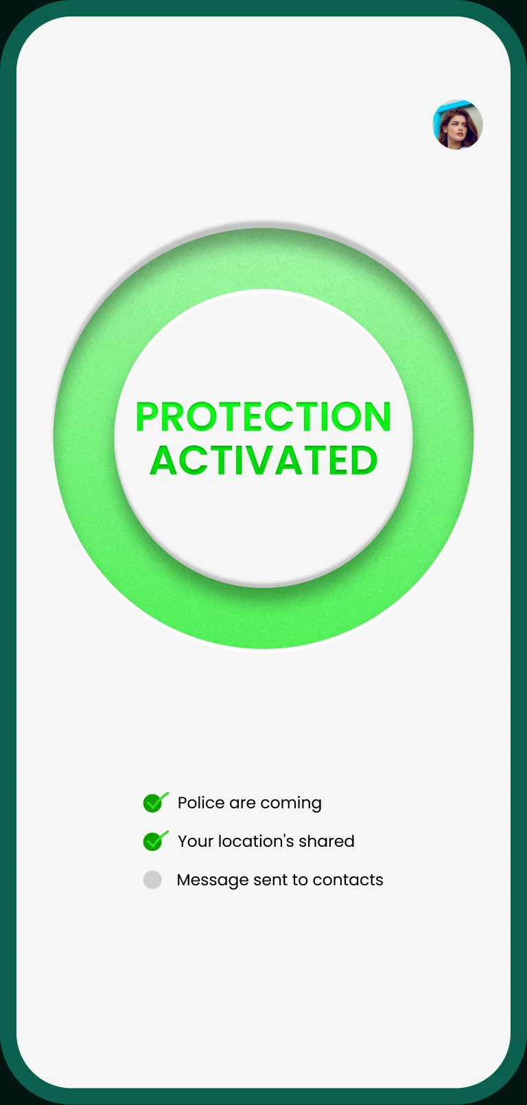 Protection activated: police are coming, location shared, message sent to contacts