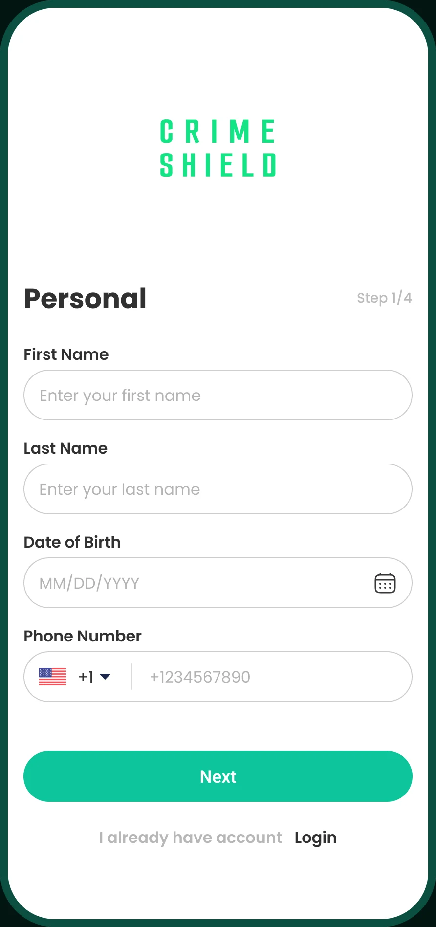 Personal details form, step 1 of 4