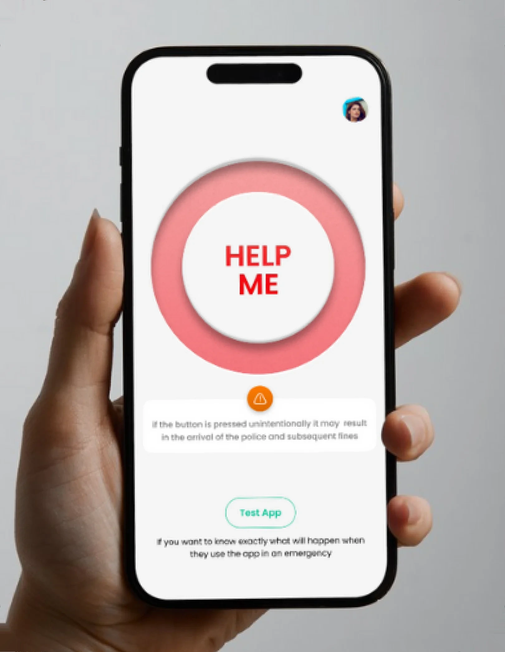 A hand holding a phone with the red Help Me button on screen