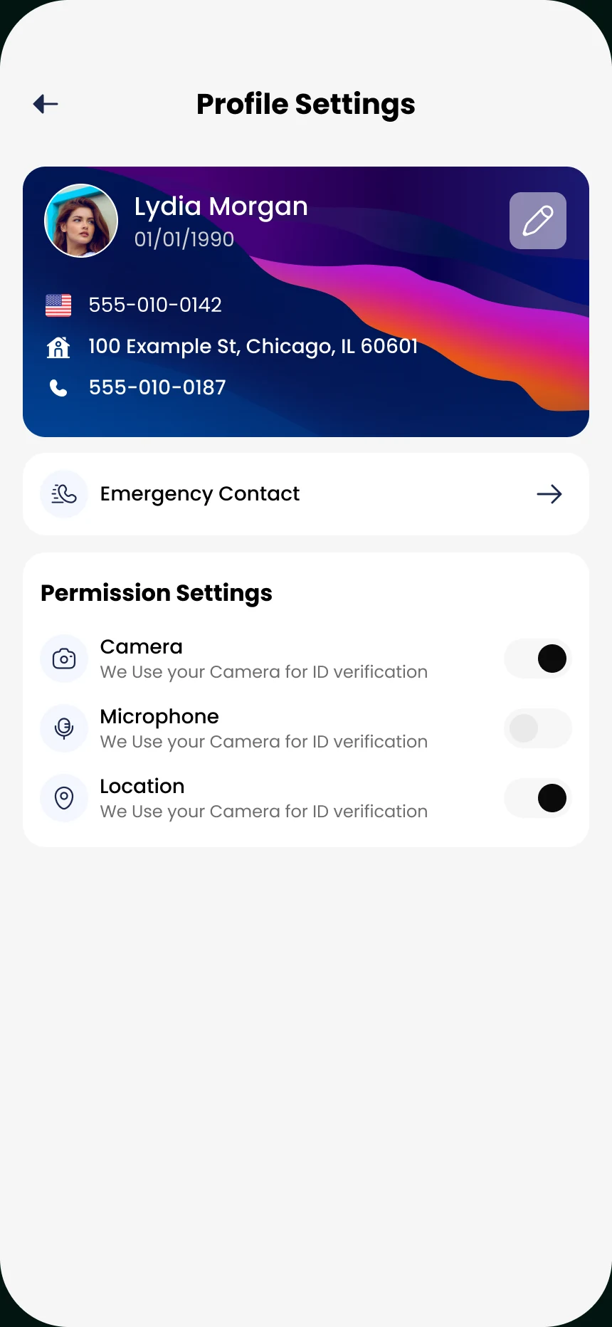 Profile settings with a card, emergency contact and permission switches