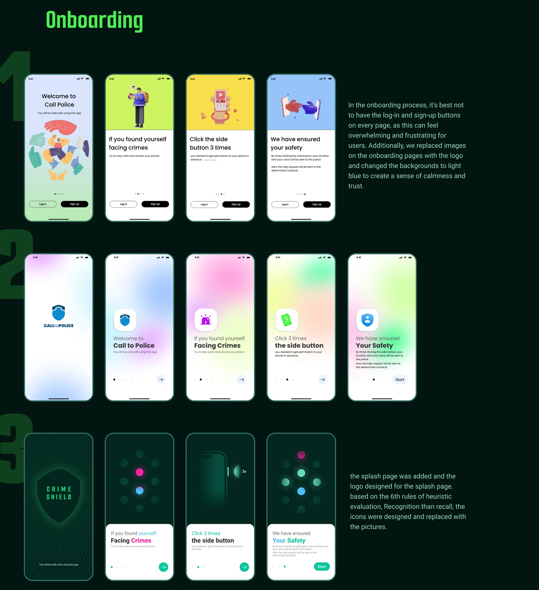 Three iterations of the onboarding screens, from the first version to the final one