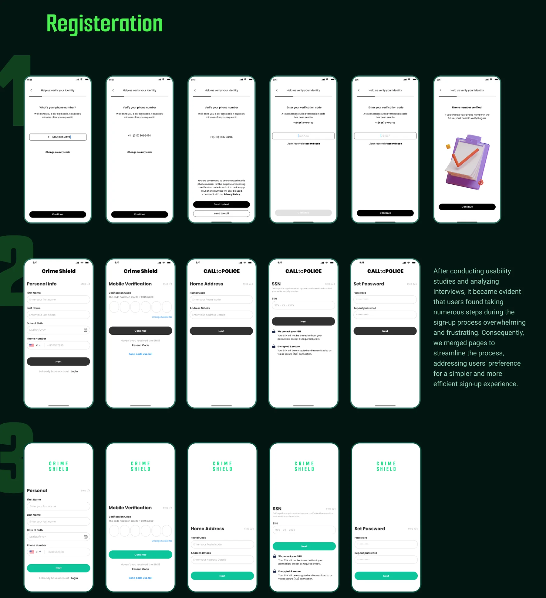 Three iterations of the registration flow, from six steps down to a shorter one