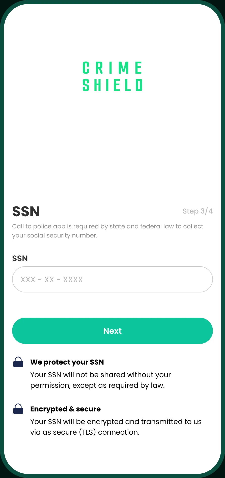SSN screen explaining encryption and privacy
