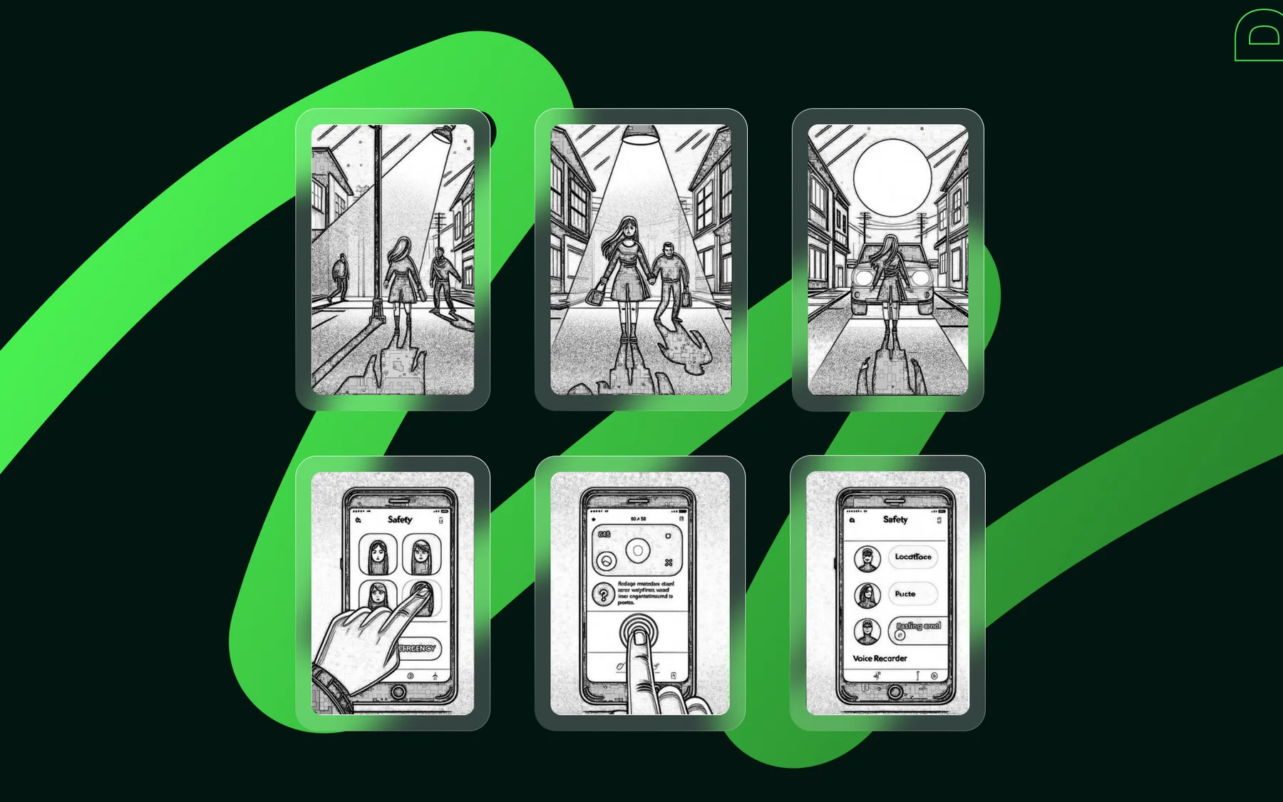 Six sketched panels of a user story: a person walking alone, noticing danger and using the app