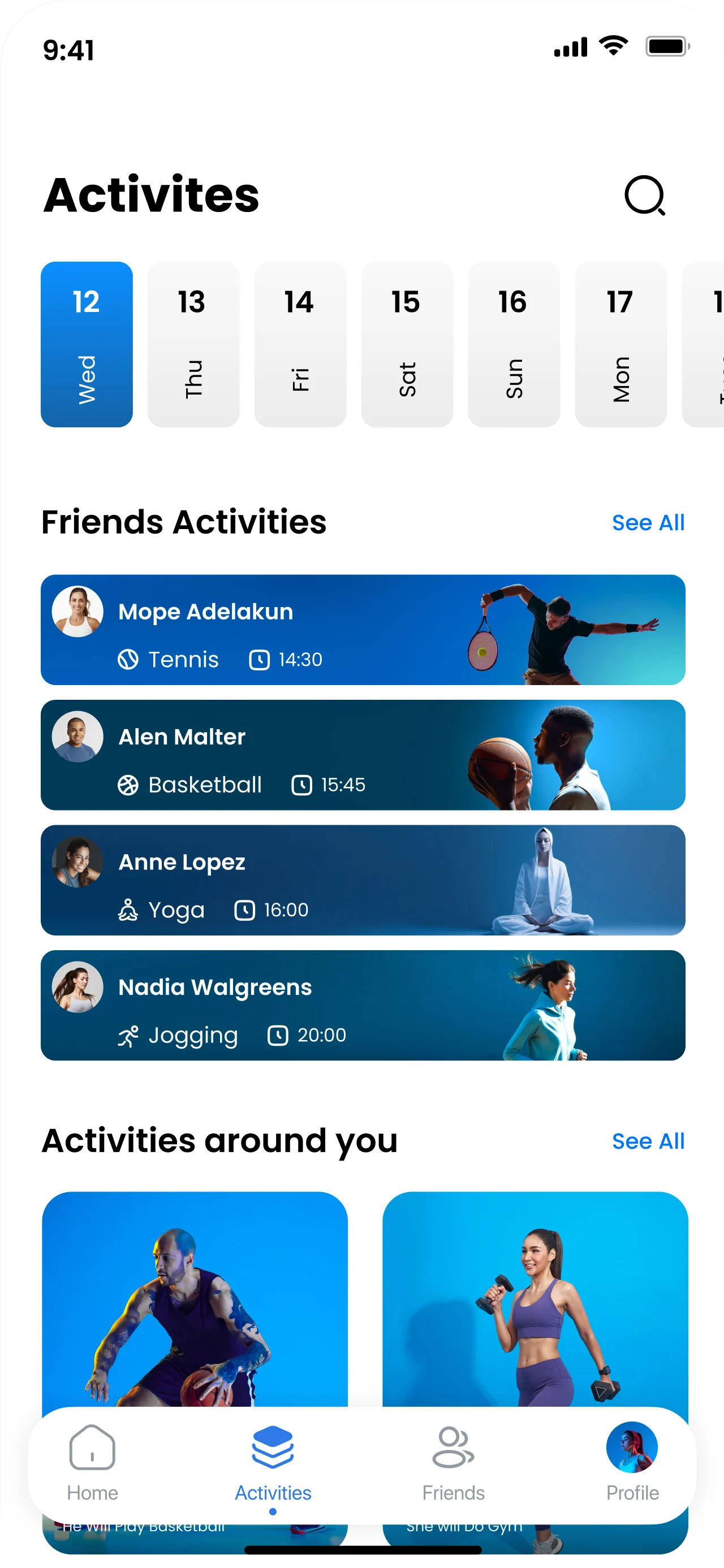 Activities screen with a date strip and activities from friends and around you