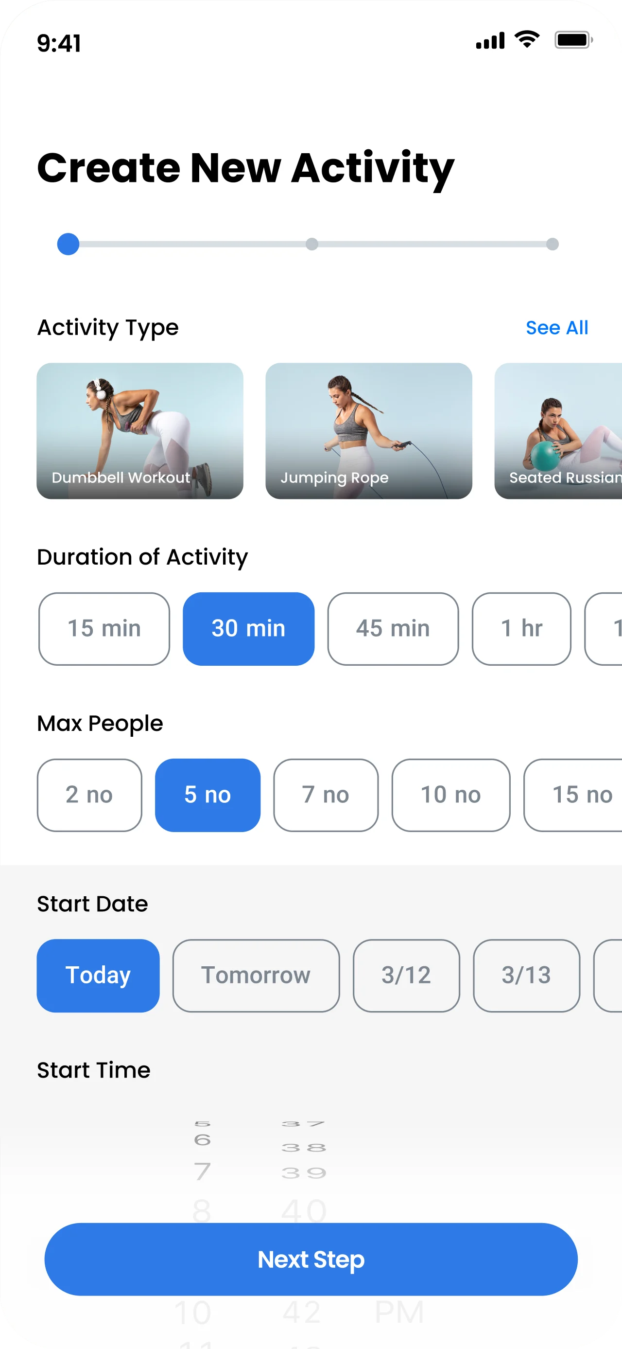 Create new activity: type, duration, number of people, date and time