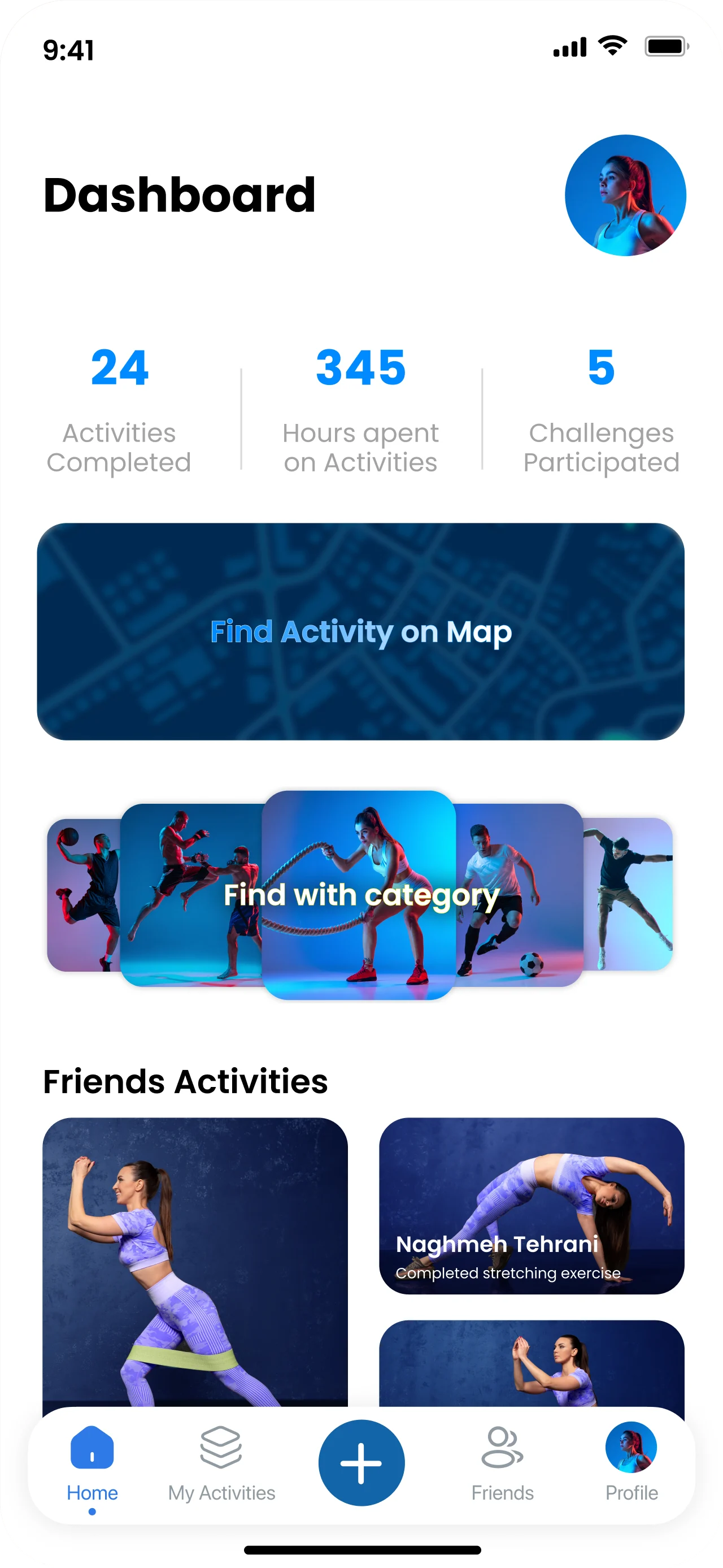 Dashboard with activities completed, hours spent and challenges, and friends’ activities
