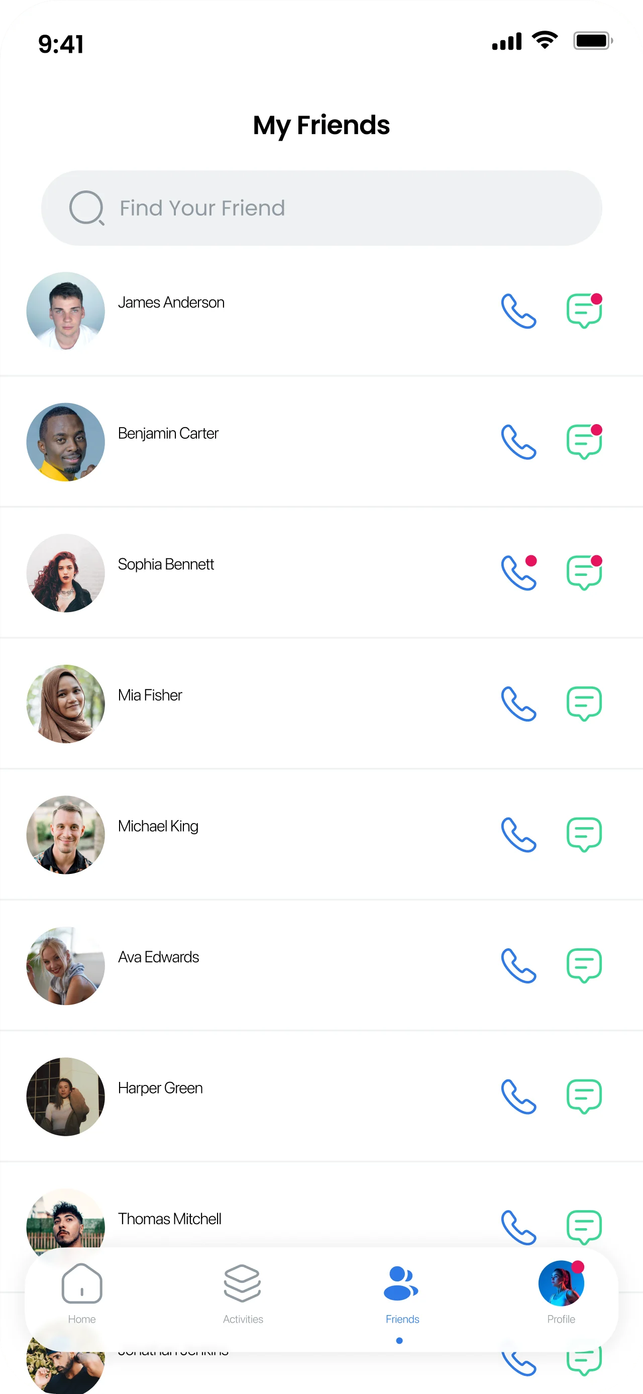 My friends list with call and message buttons