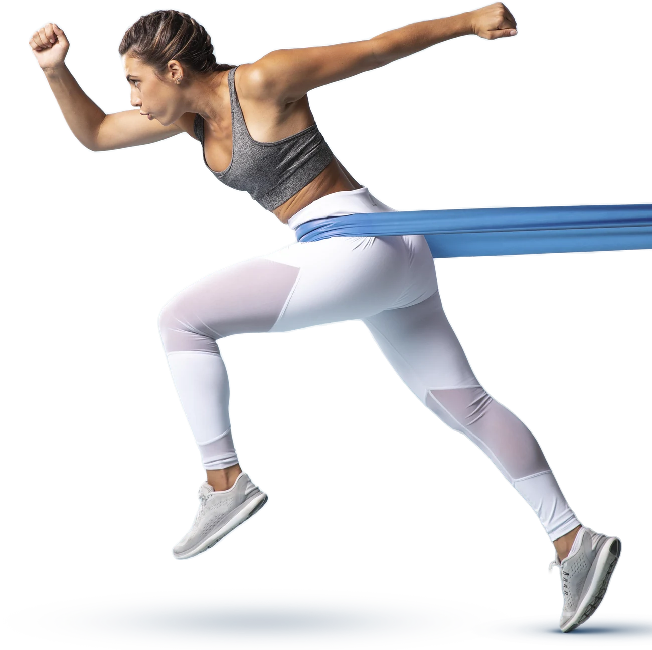 A woman sprinting with a resistance band