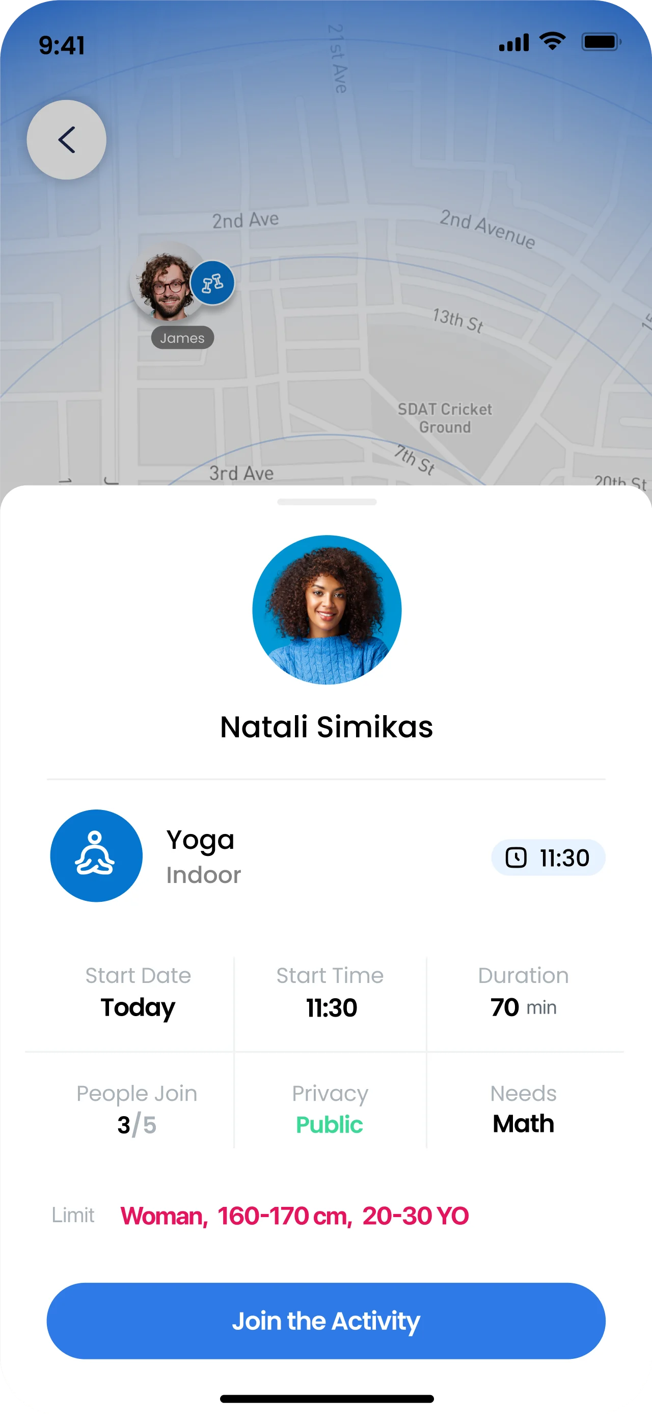 Activity details: yoga, indoor, 11:30, with a Join the Activity button