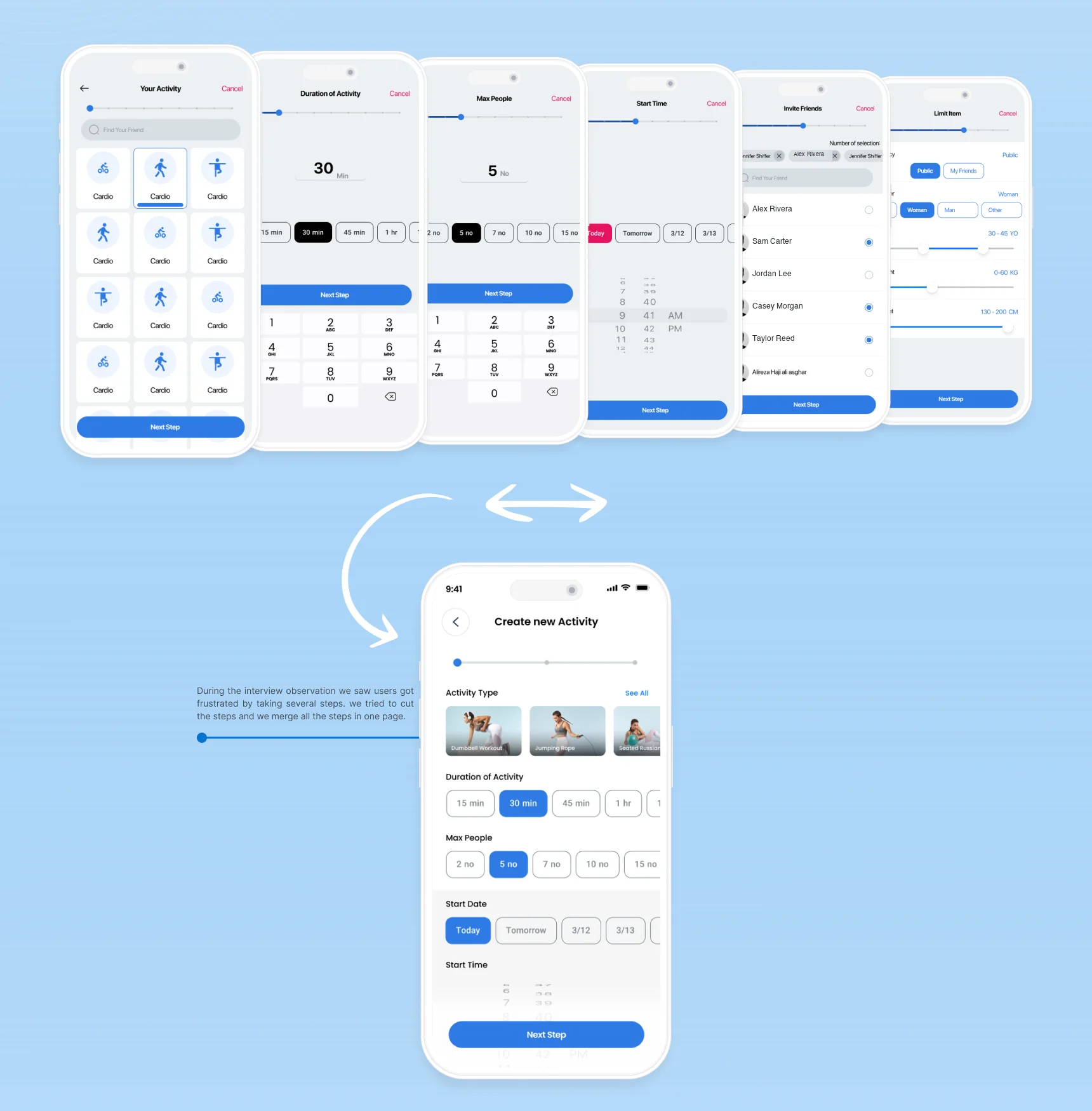 Before: six separate screens to create an activity. After: one Create new Activity page
