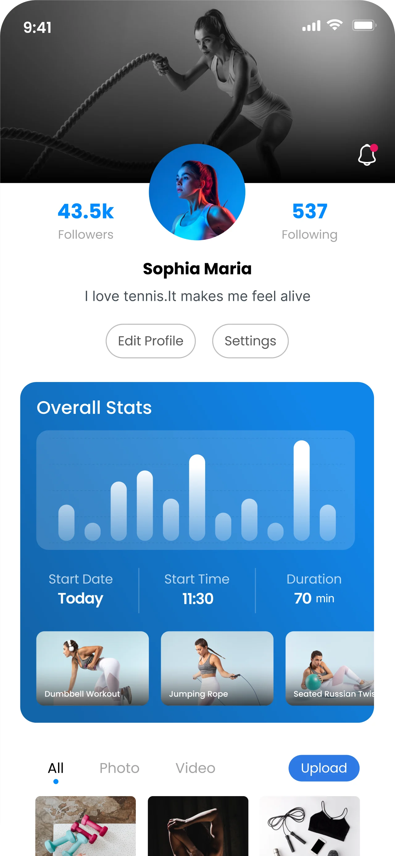 Profile with followers, overall stats and a photo and video gallery