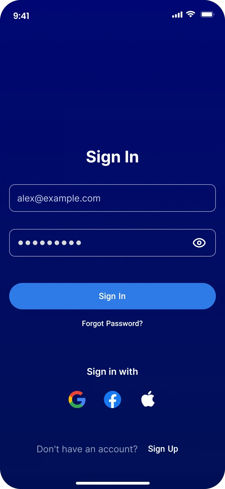 Sign in screen with email, password and social sign-in