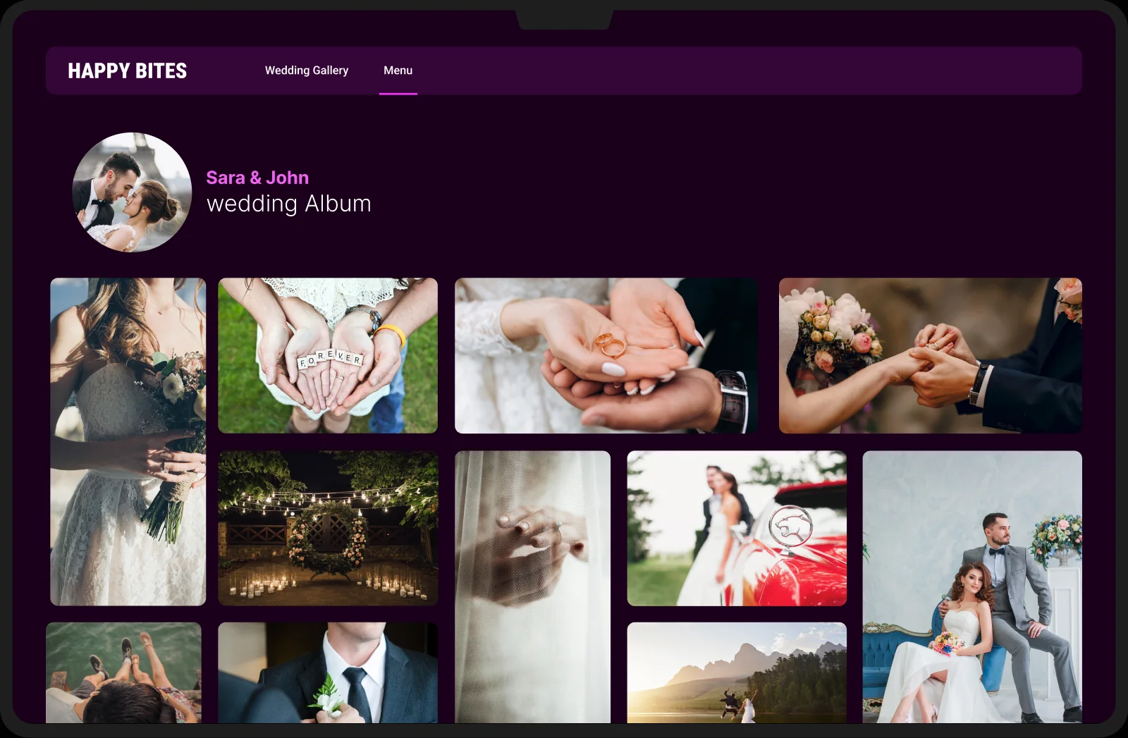 Desktop wedding album page with a photo grid