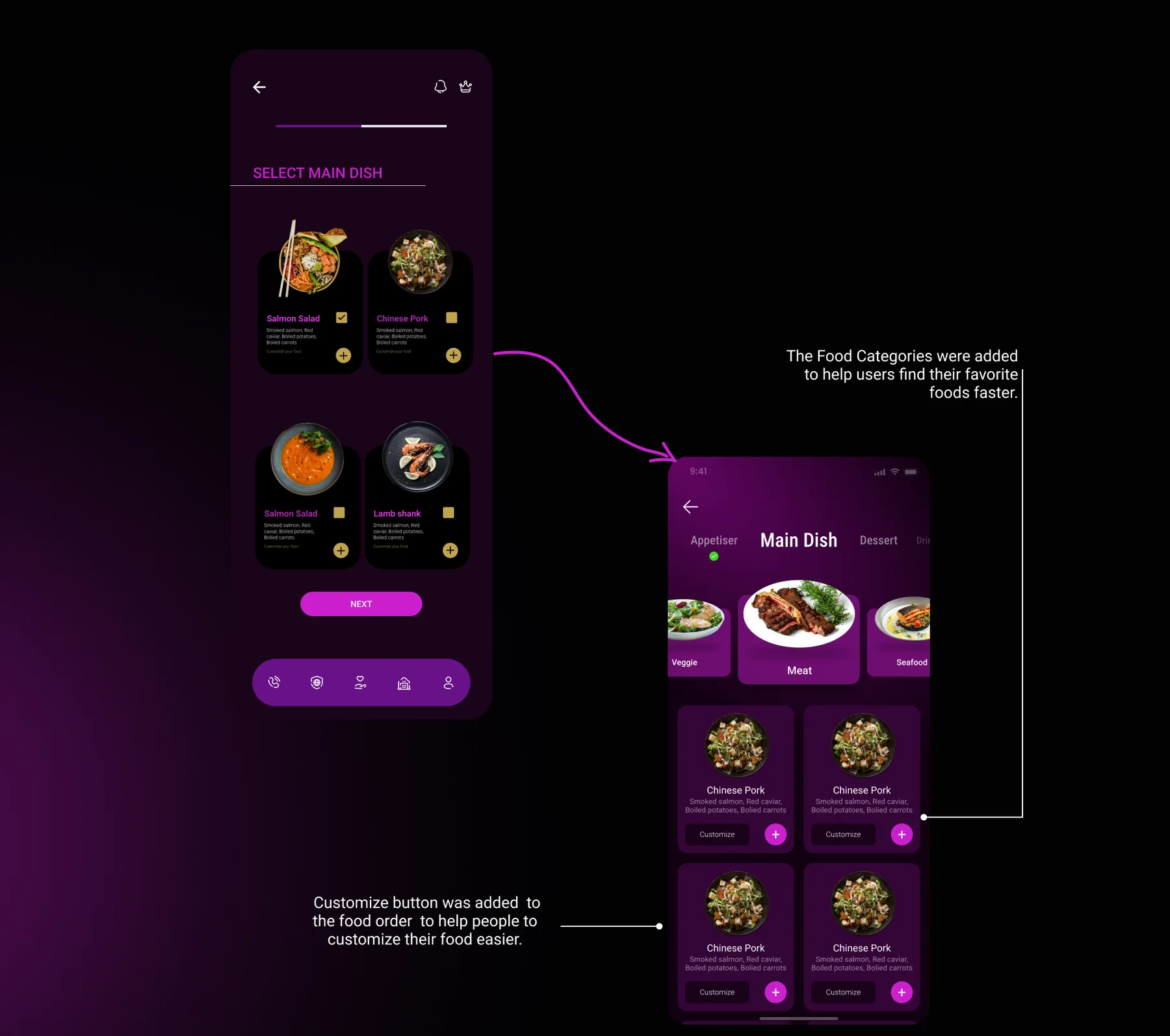 Before and after: the Select Main Dish screen with food categories and Customize buttons