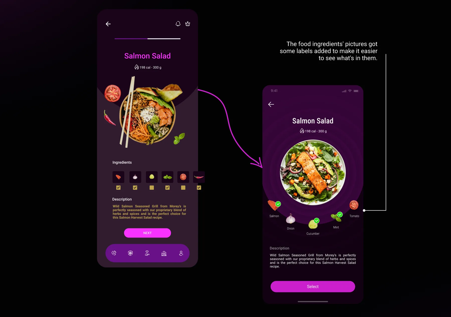 Before and after: the Salmon Salad ingredient screen with labelled ingredient icons