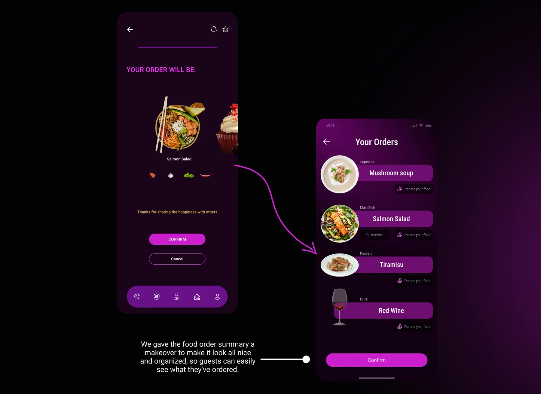 Before and after: the order summary, from a single dish preview to a clear Your Orders list