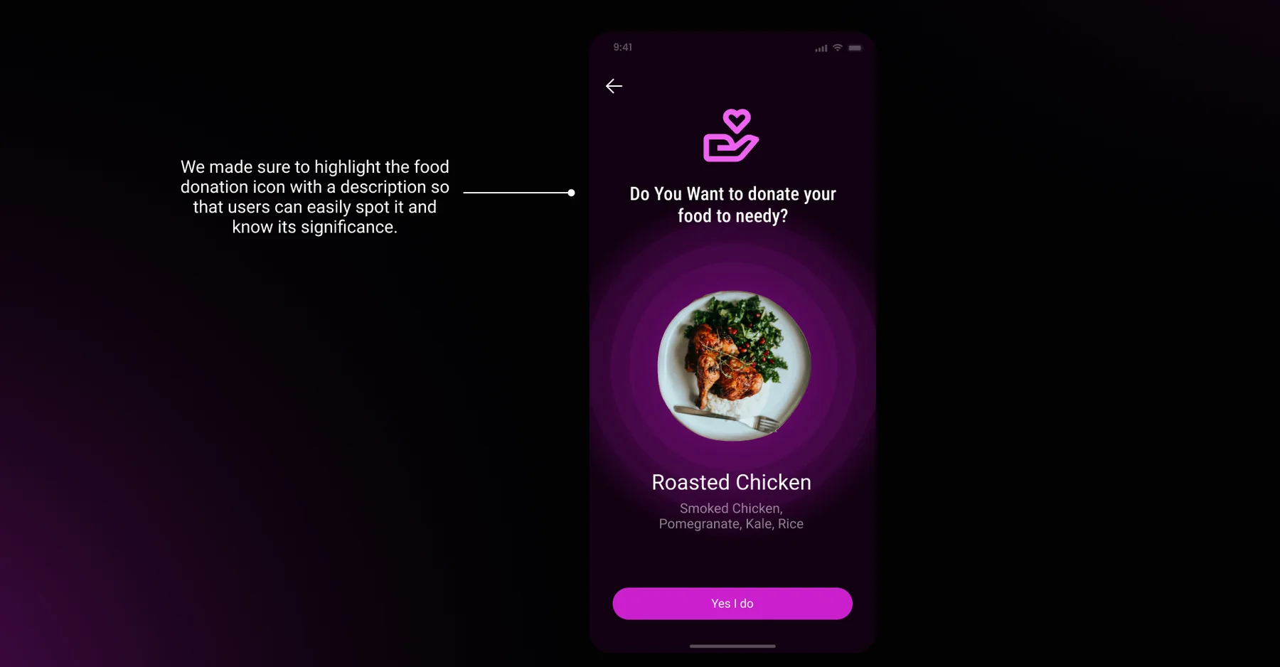 The donate prompt: Do you want to donate your food to needy, with the dish and a Yes I do button