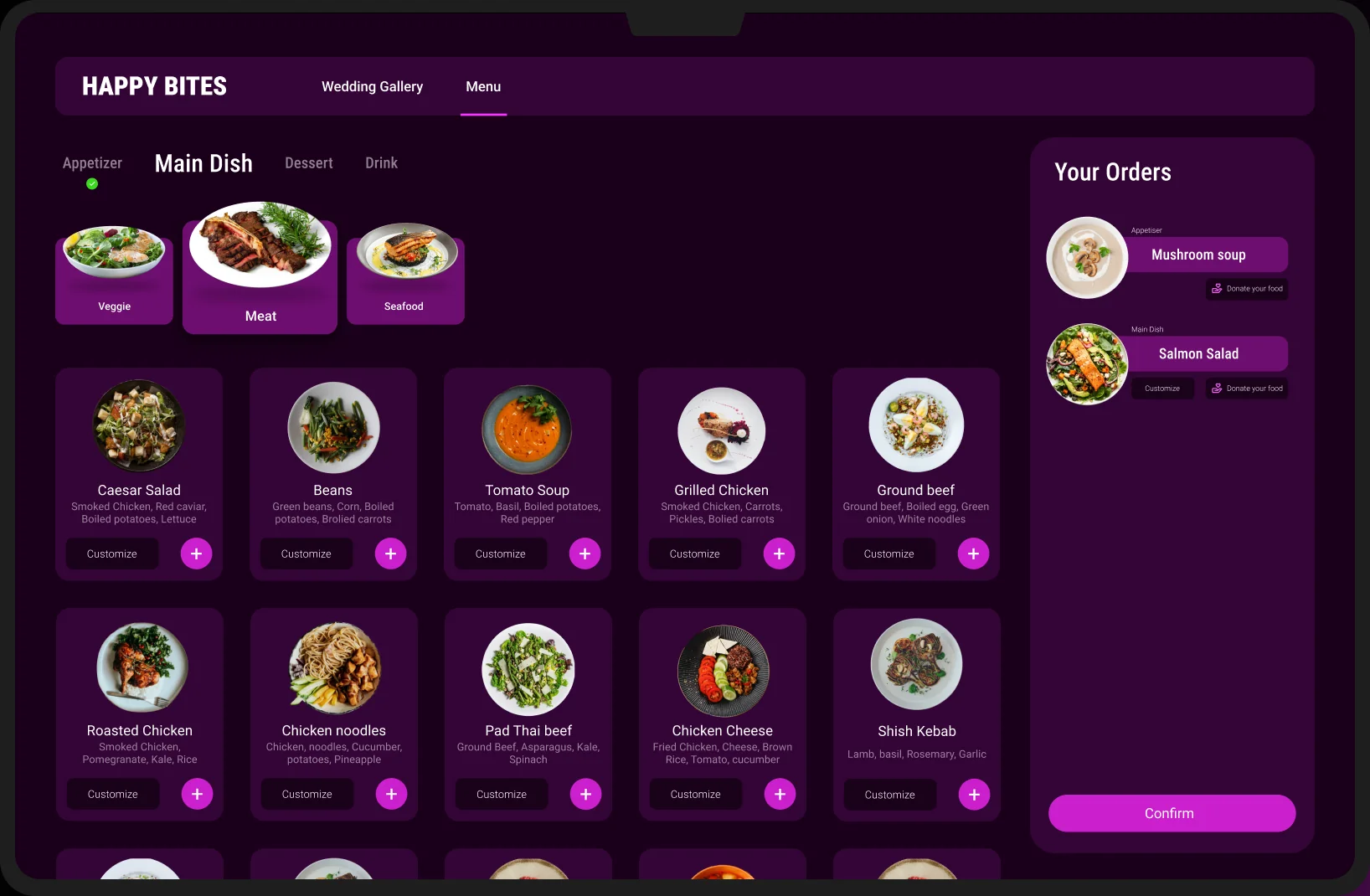 The Happy Bites menu on a laptop: dishes in a grid and the Your Orders panel