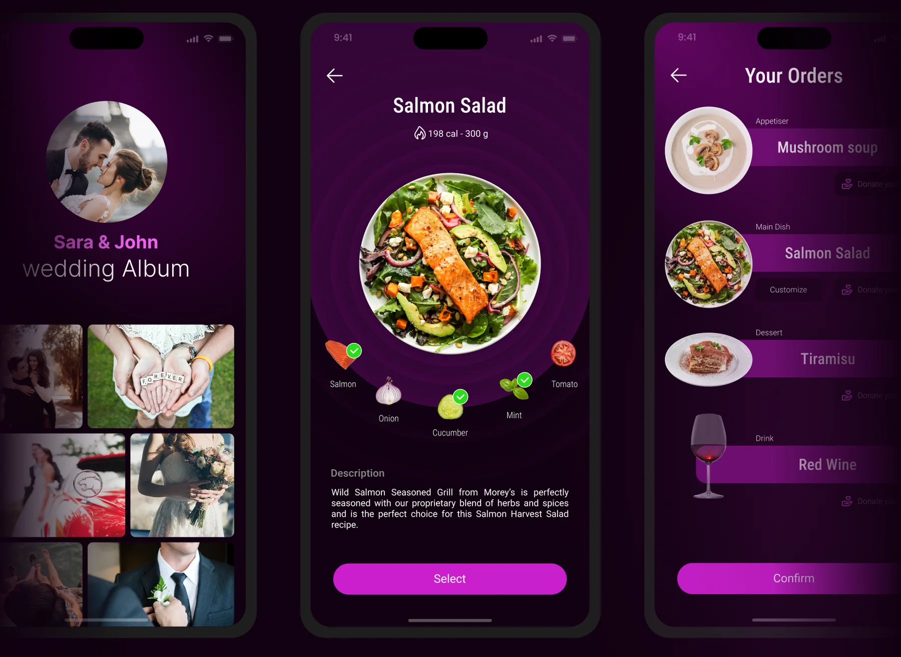 Mobile screens: wedding photo album, a Salmon Salad dish page and the Your Orders list
