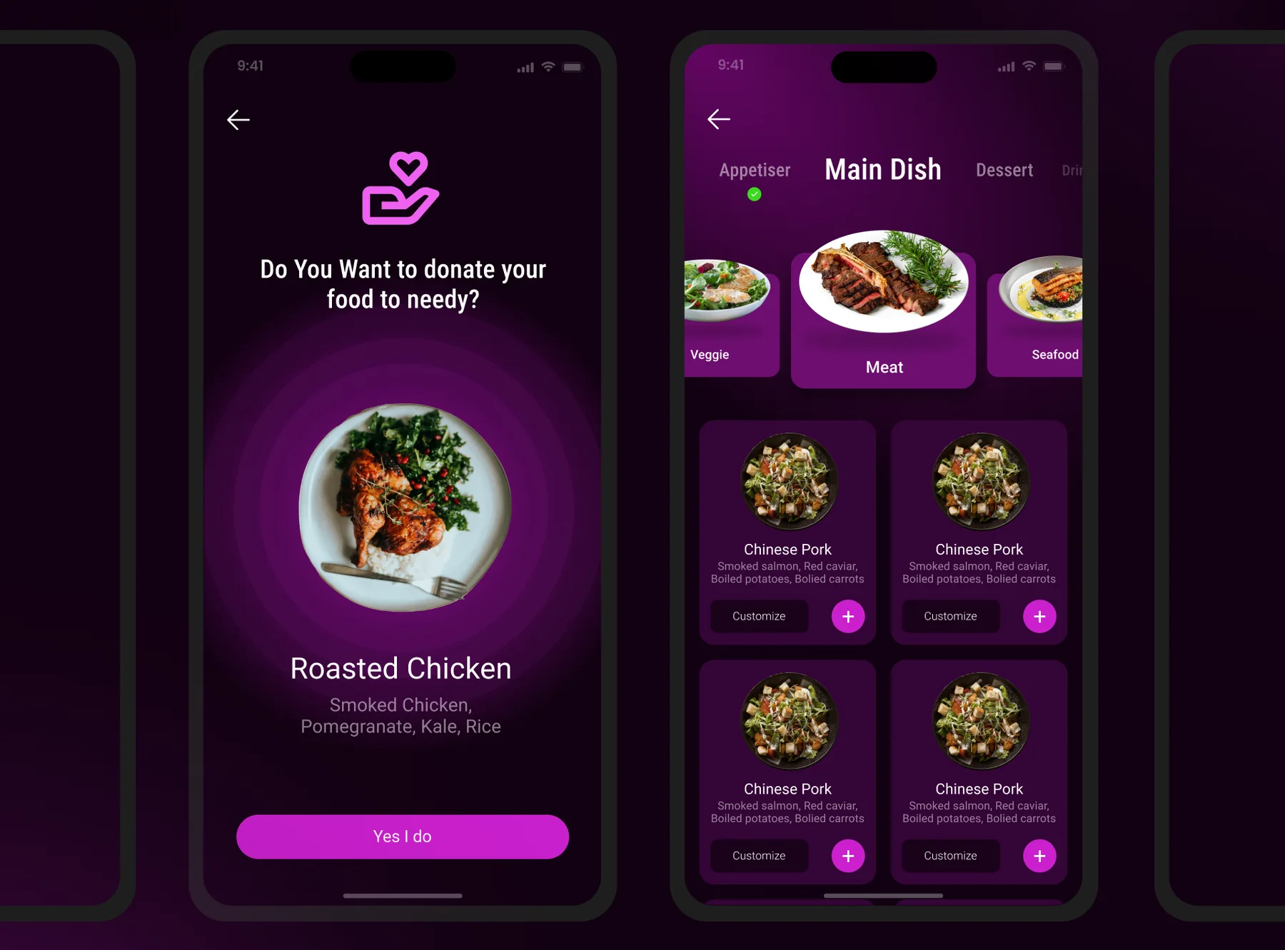 Mobile screens: the donate-your-food prompt and the Main Dish menu