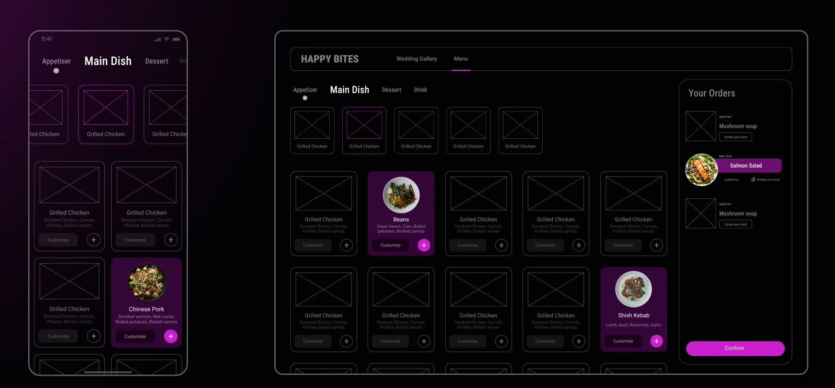 Wireframes of the menu on a phone and on a laptop, with a few dishes highlighted