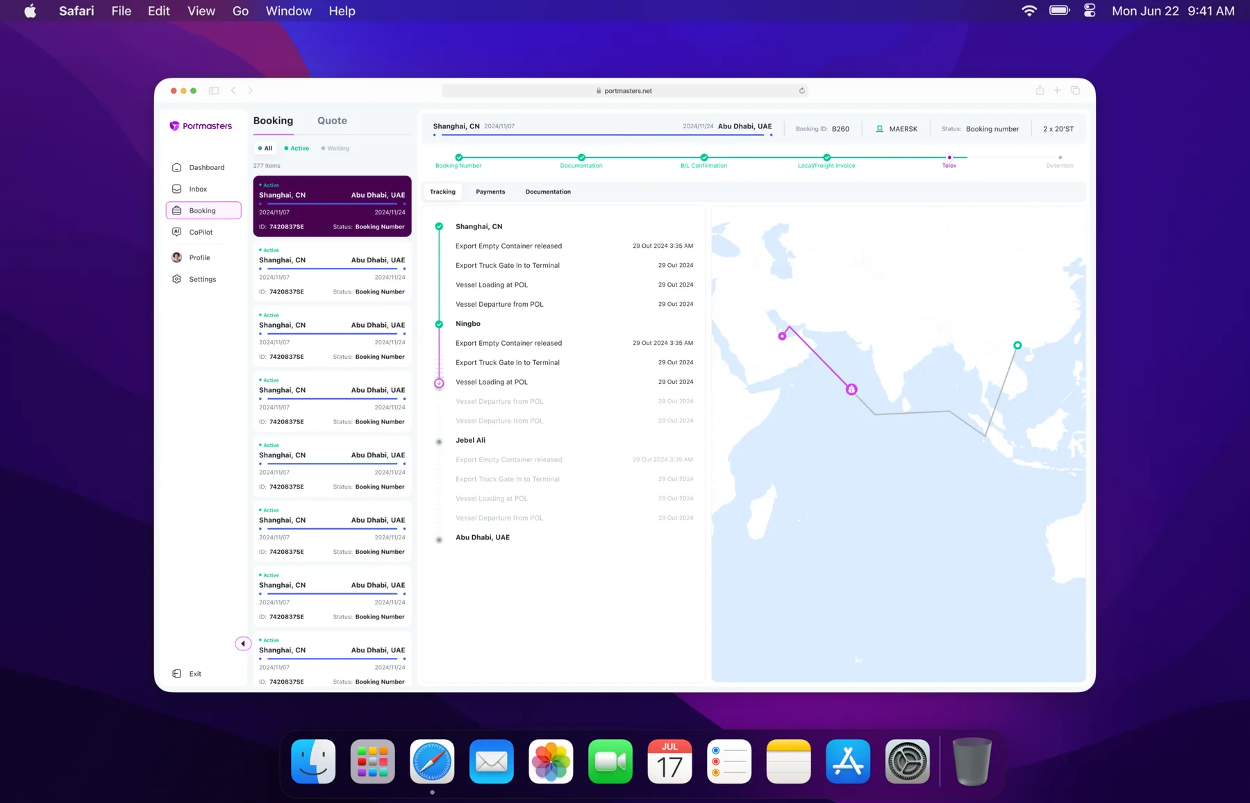Booking tracking page with route map and milestone timeline