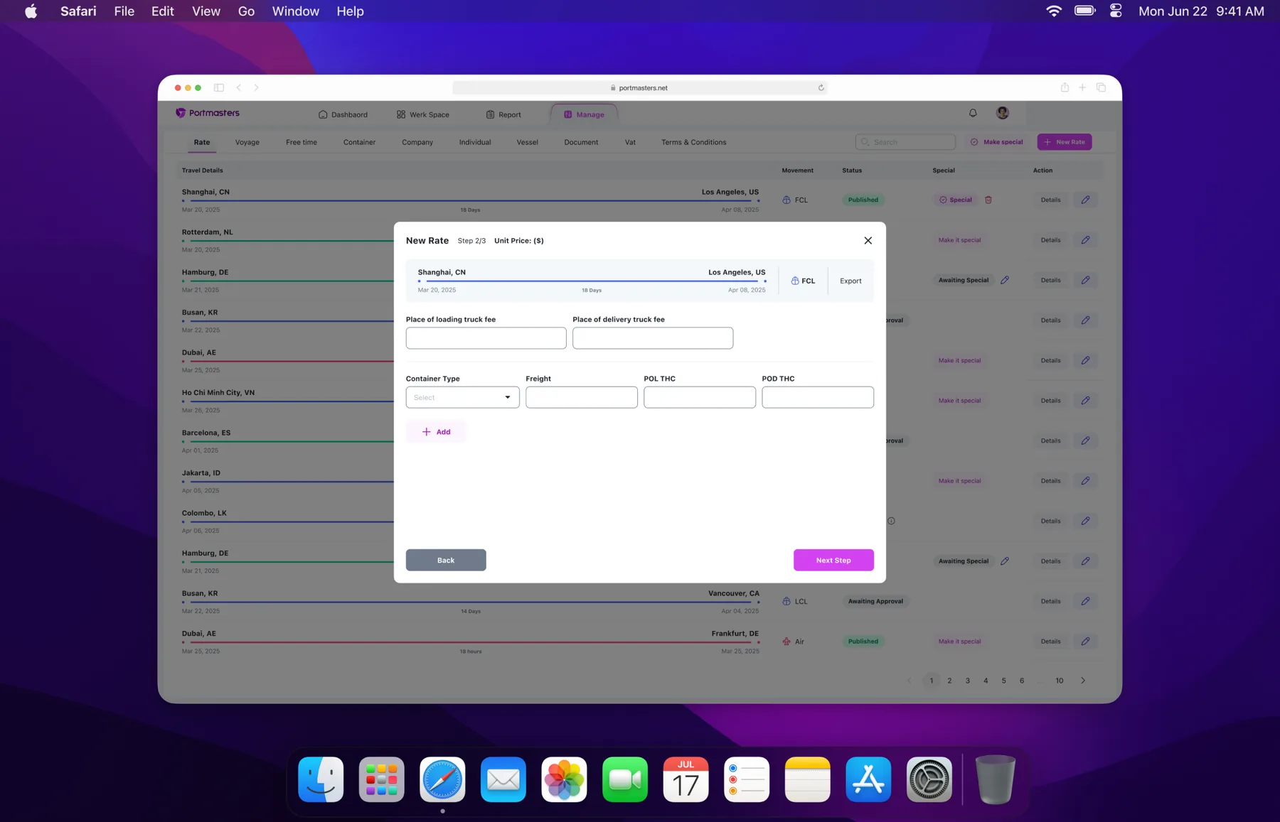 Manage rates page with the new rate modal open
