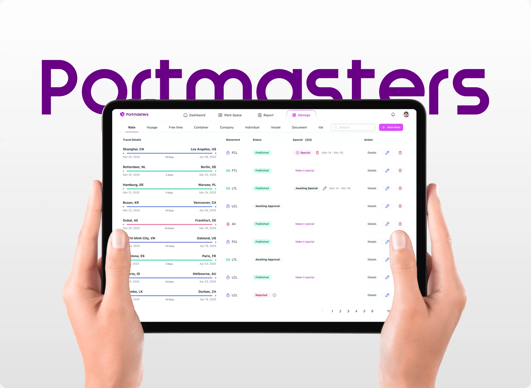 Portmasters rates table on a tablet held in two hands, with the Portmasters wordmark above