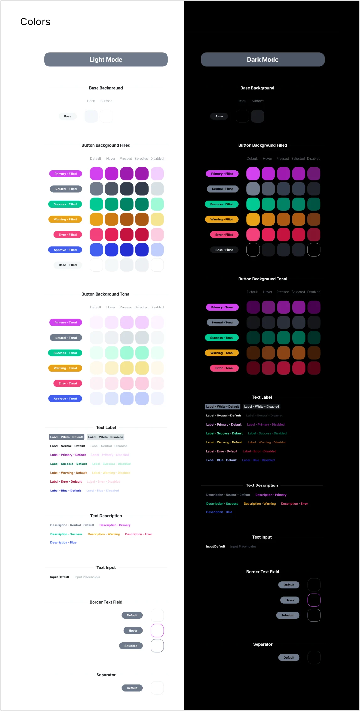 Colour palettes in light and dark mode