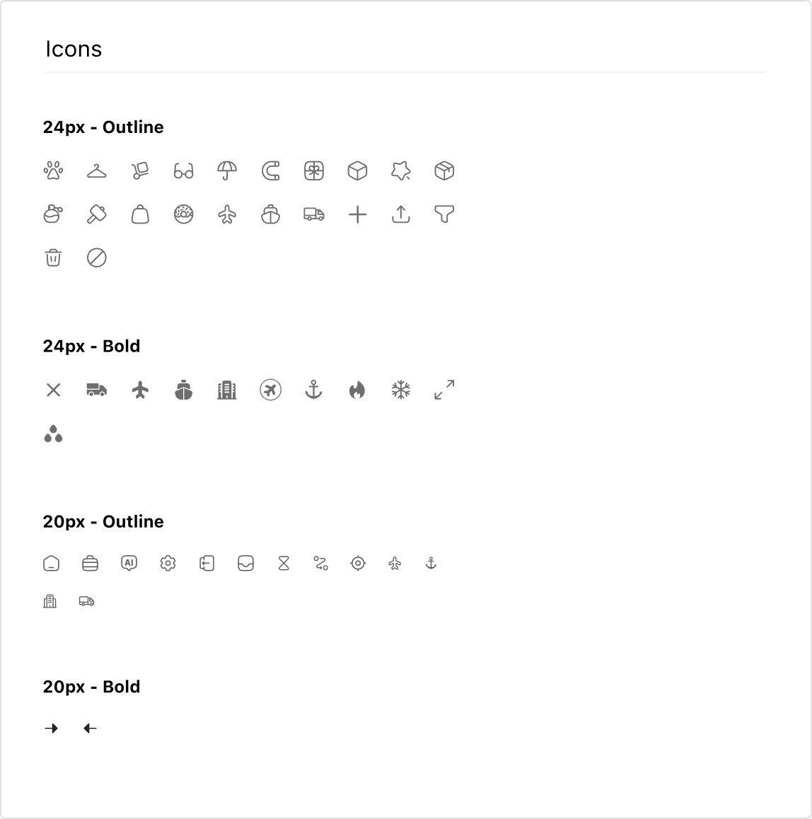 Icon set in 24px and 20px, outline and bold