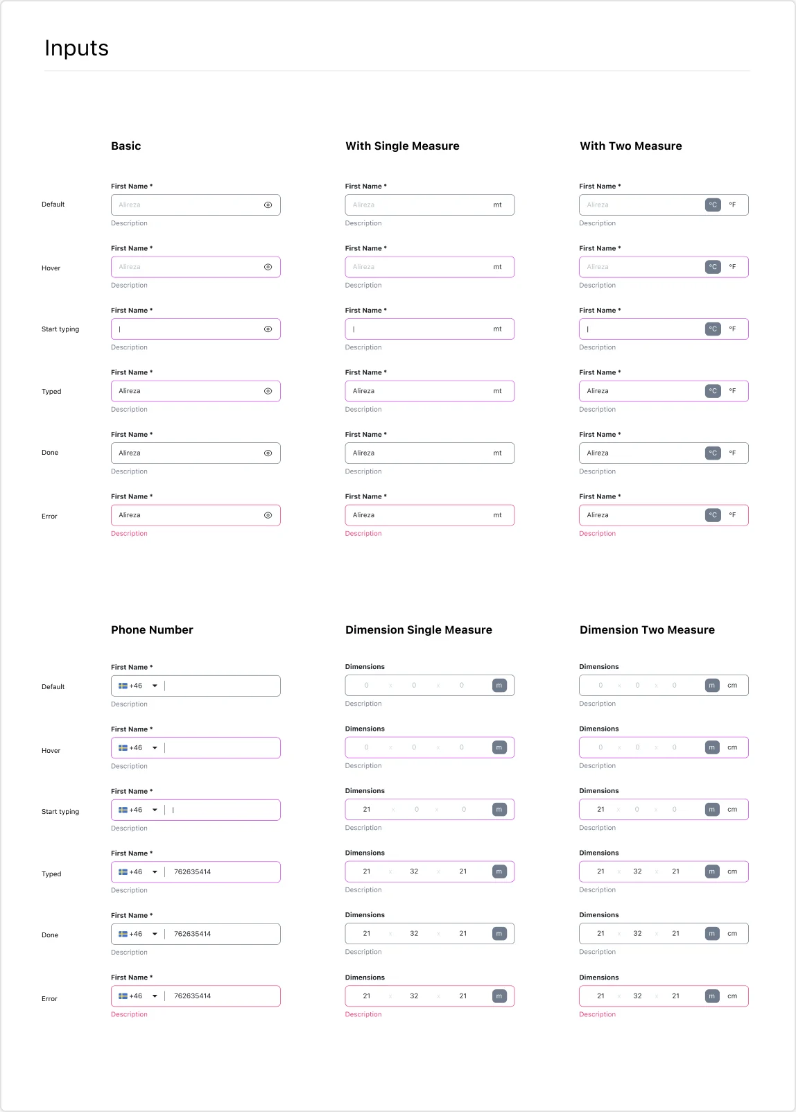 Input fields with and without measures