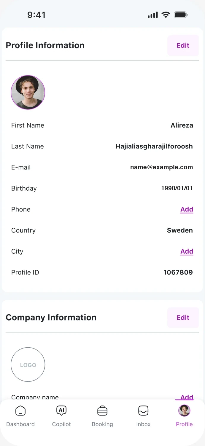 Mobile profile screen