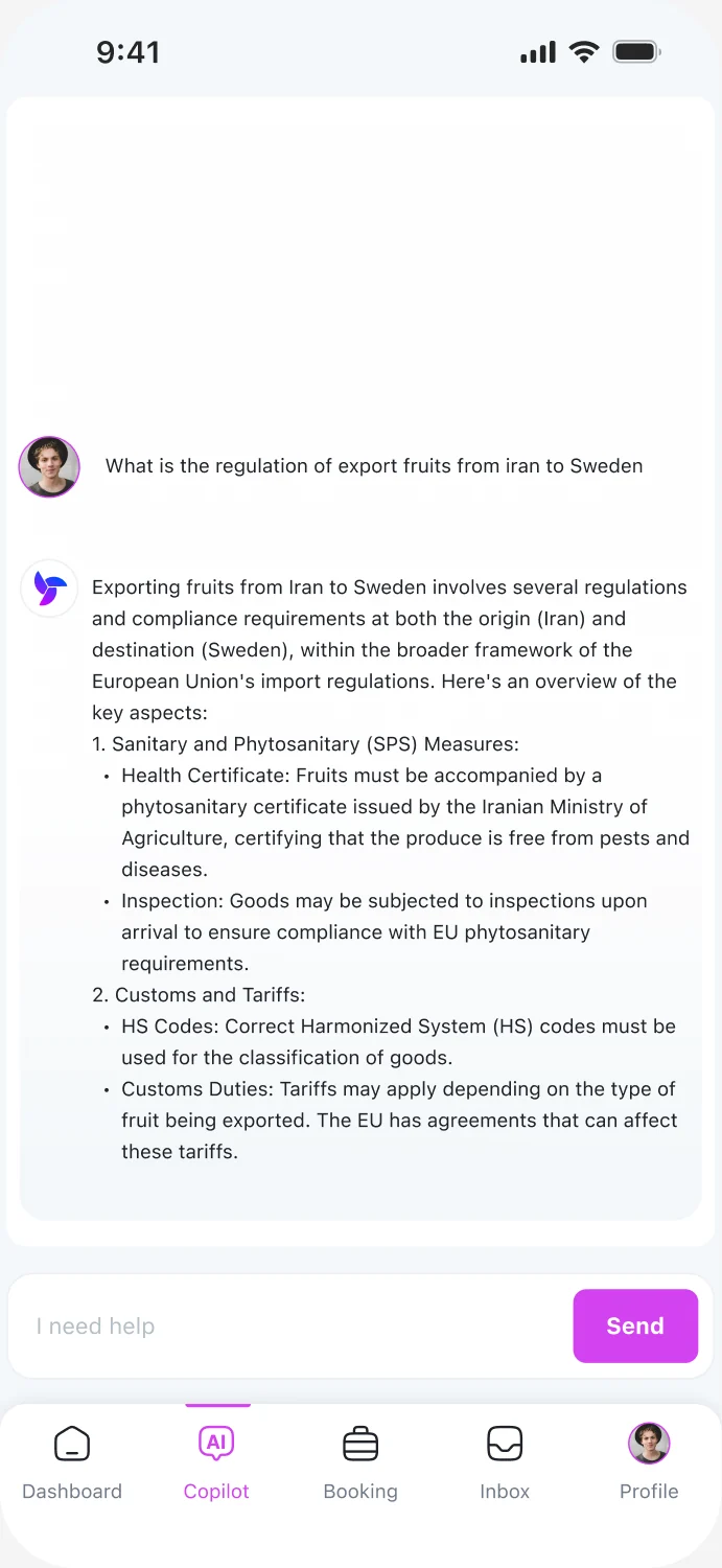 Mobile AI copilot chat answering a customs regulation question