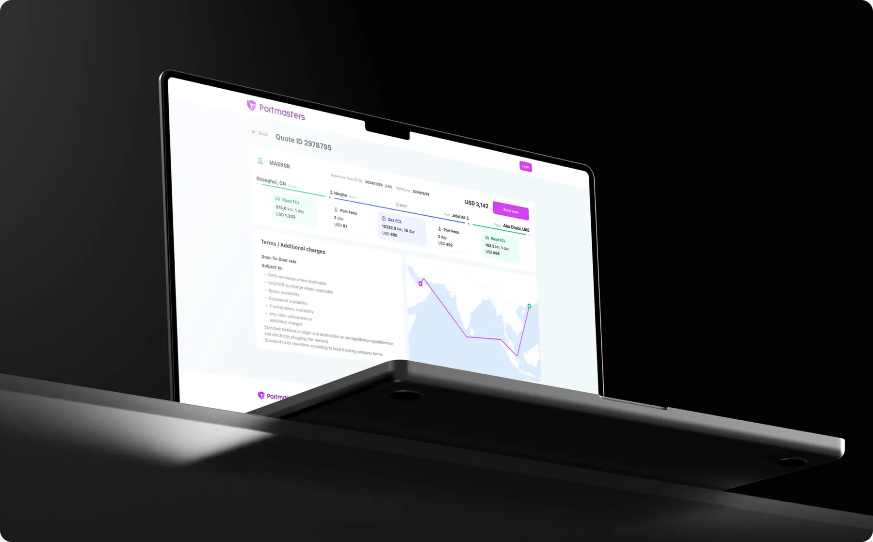 Portmasters quote page on a laptop: every leg of the route with its fees and a total