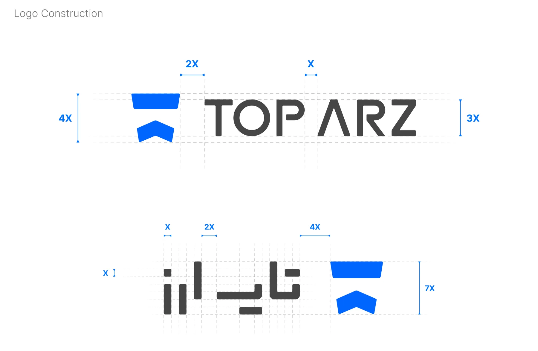 Logo construction: the English and Persian wordmarks on grids measured in multiples of X