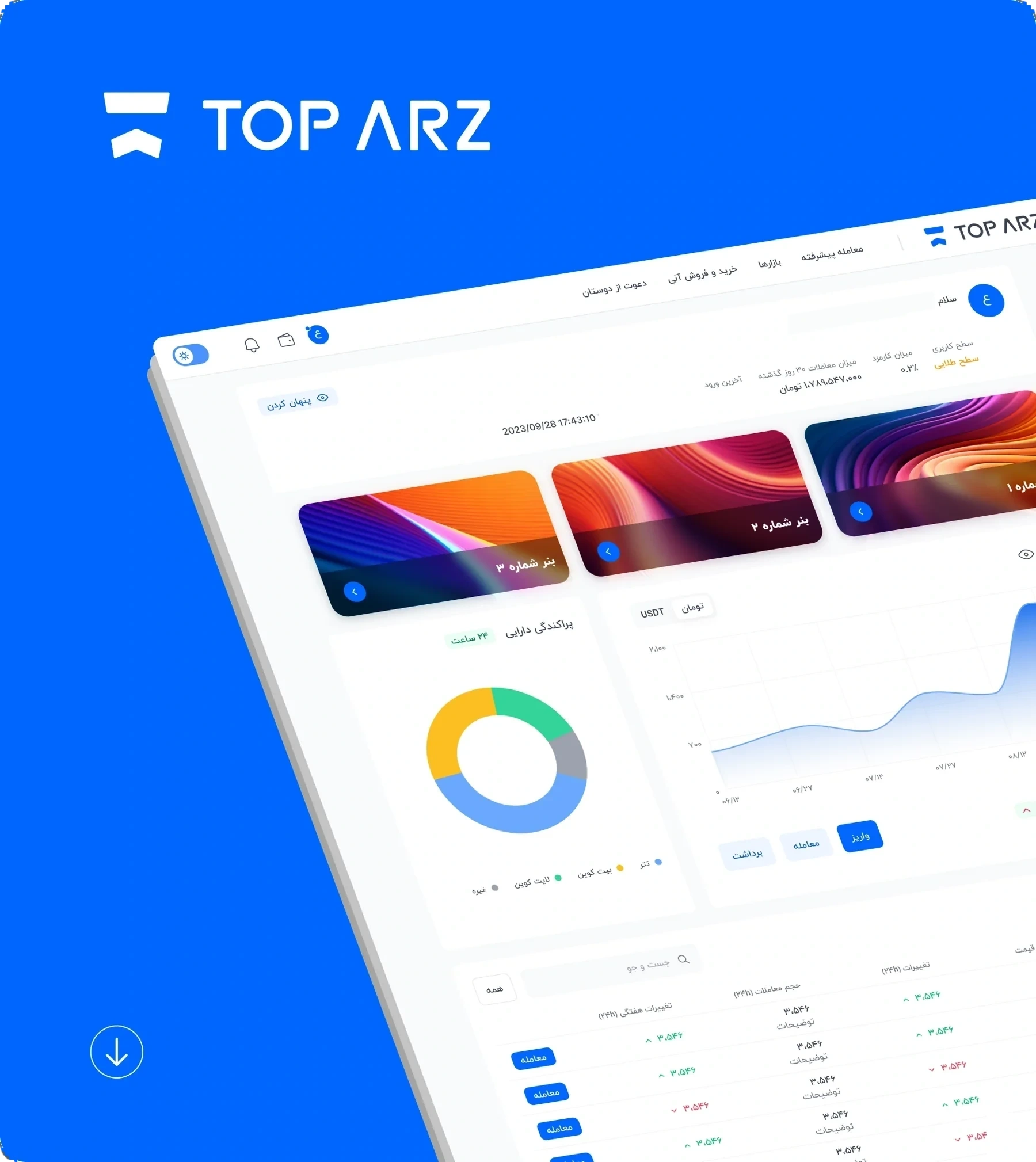 The TopArz dashboard tilted in perspective on a blue background, with the TopArz logo above